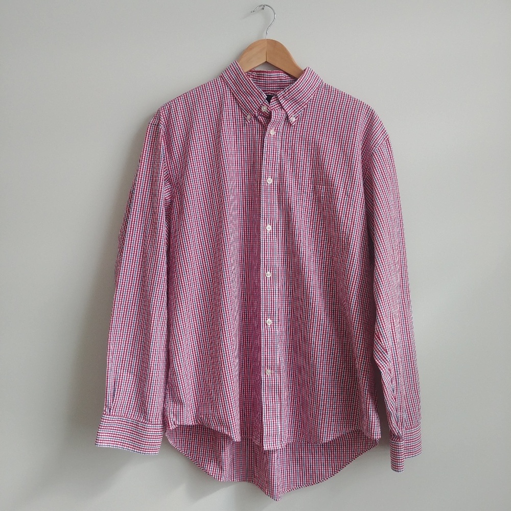 Lands' End Mens White Red Blue Plaid Button Down Shirt 100% cotton XL